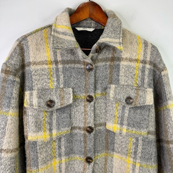 Only Wool-Blend Grey Yellow Plaid Long Shacket Size Medium - Picture 6 of 16